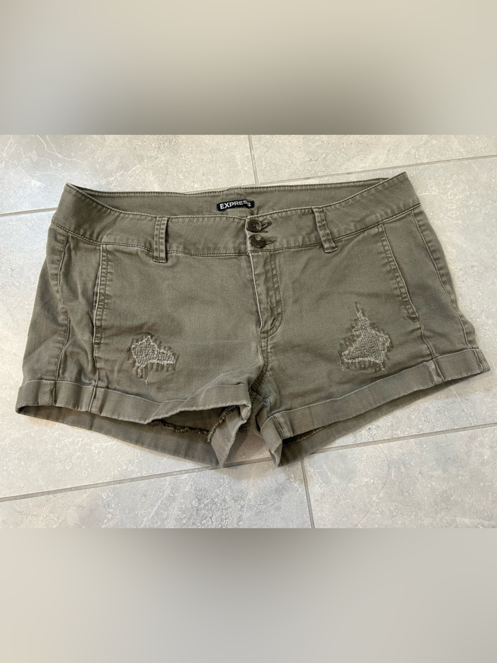 EUC Express Olive Green Distressed Shorts Size 10 Mid Rise Raw Hem
